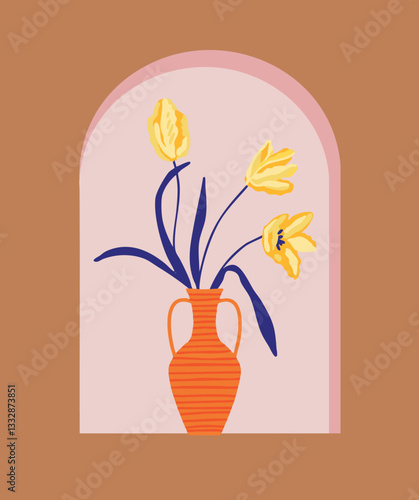 Illustration vase fleurs arche terracotta orange jaune feuille bleu vecteur