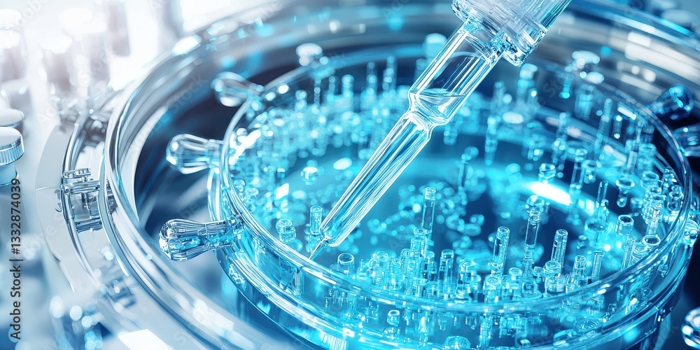A close-up of a pipette dispensing blue liquid into a petri dish, showcasing a scientific or laboratory setting with a modern and clean aesthetic. A close-up of a pipette dispensing blue liquid into a petri dish, showcasing a scientific or laboratory setting with a modern and clean aesthetic.