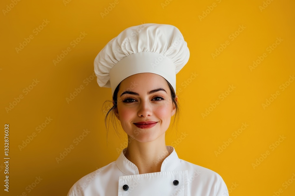 A smiling female chef poses in front of a yellow backdrop A smiling female chef poses in front of a yellow backdrop