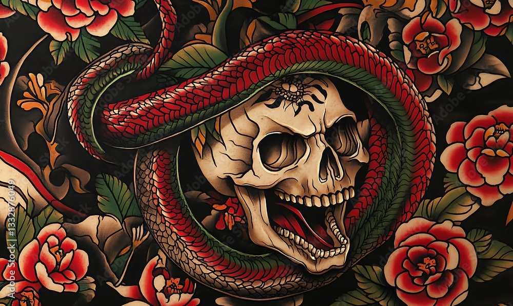 Fototapeta premium A skull is coiled inside a snake with roses all around it
