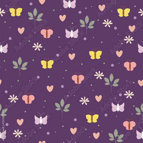 Spring pattern with butterflies on a dark purple background, flowers and leaves. Beautiful pattern with spring and summer elements on beautiful background, copy space, butterflies, flowers and leaves