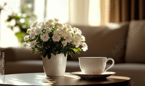 Wallpaper Mural Elegant coffee table with a white teacup and fresh flowers styled in a cozy living room, illuminated by natural sunlight for a warm and inviting interior design, Torontodigital.ca