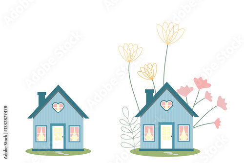 Two painted blue houses on a white background, a set for postcards, notebooks, stickers. Set of cute blue houses decorated with flowers and leaves, spring summer garden houses on a white background