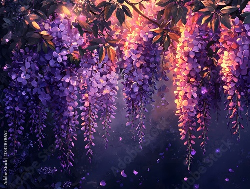 Glowing Wisteria Design Cascading Across Soft Lavender Background Evoking Romantic Atmosphere