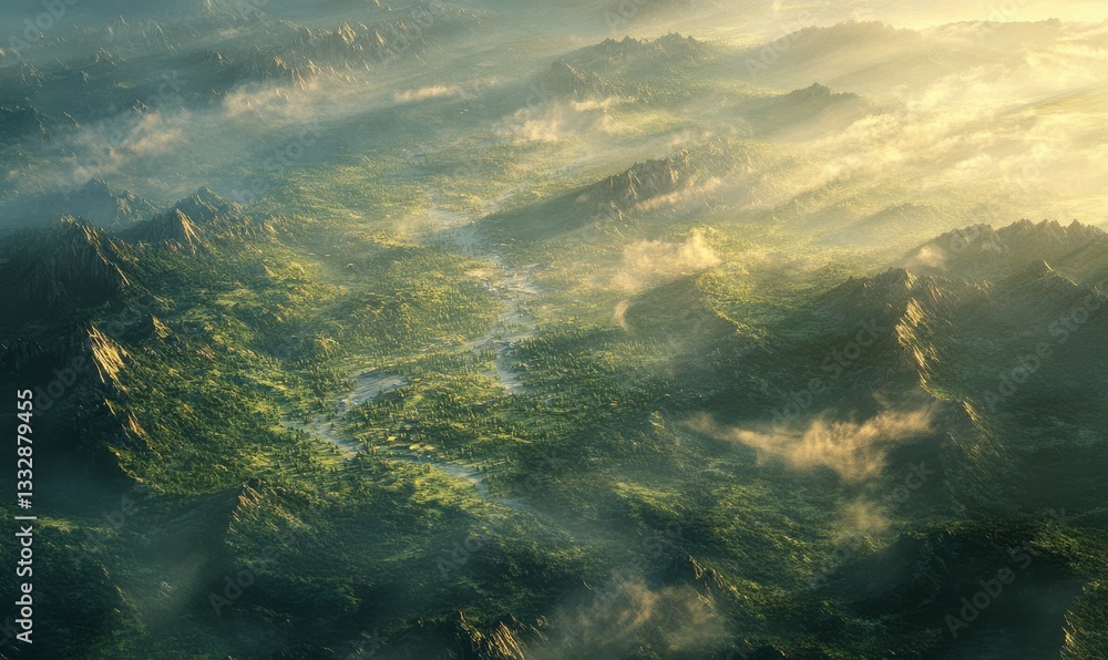Fototapeta premium Golden sunlight illuminates a foggy, lush forest from above gently.