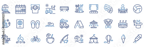 Holiday blue web line icons. Party, celebration, dancing, music, congrats and more. Editable stroke. Vector illustration