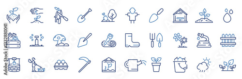 Farming blue web line icons. Garden. Containing plant, flowers, trees, watering can, fence, cultivate and gardening icons. Vector illustration