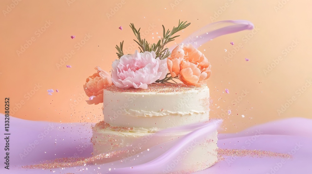 A surreal, floating-tier cake where pastel peonies and wisps of rosemary appear to be gently suspended mid-air. A surreal, floating-tier cake where pastel peonies and wisps of rosemary appear to be gently suspended mid-air.