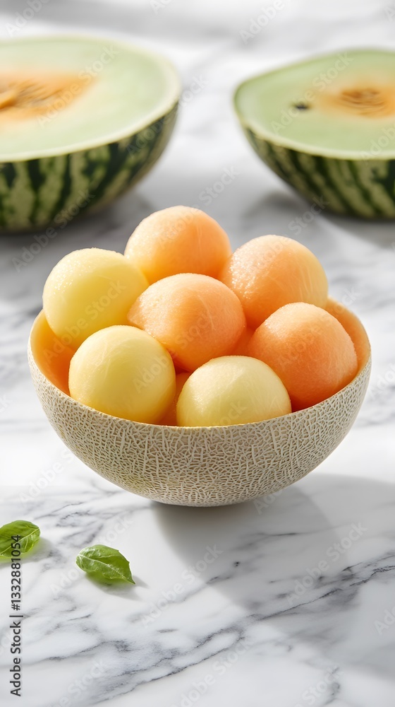 Delicious Honeydew Melon Balls in Bowl, Summer Fruit, Refreshing Dessert Delicious Honeydew Melon Balls in Bowl, Summer Fruit, Refreshing Dessert