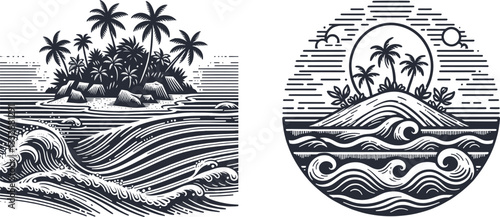 set of vintage Tropical uninhabited island with wave vector illustration, engraving sketch ink poster black illustration etching