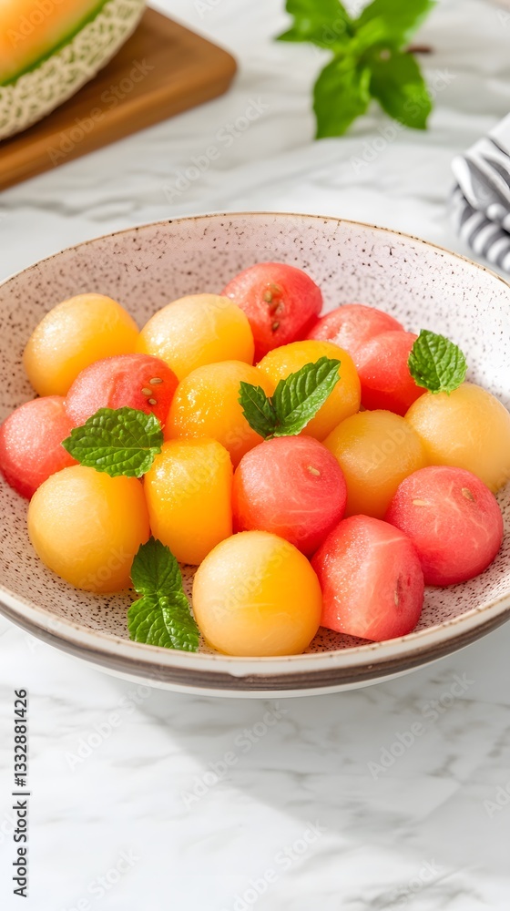 Refreshing Summer Melon Ball Salad in Bowl Refreshing Summer Melon Ball Salad in Bowl