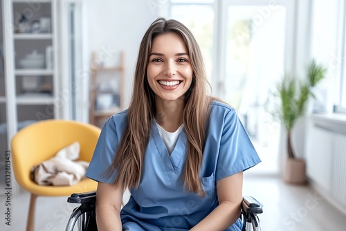 A smiling young healthcare professional sits confidently in a wheelchair, wearing blue scrubs, in a bright and welcoming indoor setting. The atmosphere is positive and uplifting. Free Download A smiling young healthcare professional sits confidently in a wheelchair, wearing blue scrubs, in a bright and welcoming indoor setting. The atmosphere is positive and uplifting. - GFXLoad