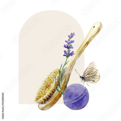 Lavender sprig, massage brush, bath bomb, butterfly, watercolor. Hand drawn vector illustration. For design of labels, cards, invitations, SPA salon banners, posters.