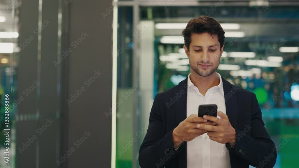 Busy Man Roaming Around the Office and Texting, Resolving Matters Remotely Using the Smartphone. Busy Man Roaming Around the Office and Texting, Resolving Matters Remotely Using the Smartphone.