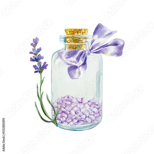 Lavender salt in a bottle with a bow and a sprig of lavender flower, watercolor. Hand drawn vector illustration. For the design of labels, banners for spa salons, posters, invitations, postcards.