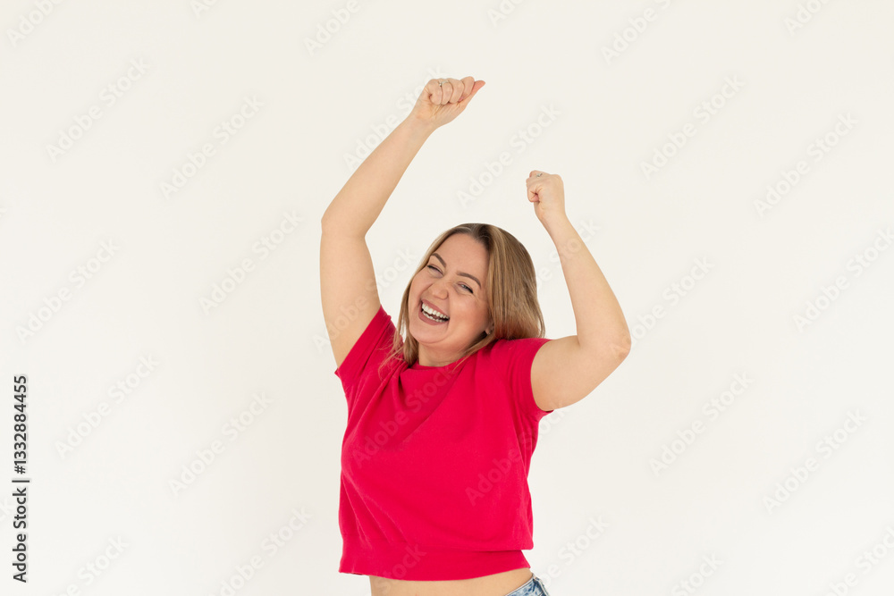 Excited young woman reacting to win, surprise news, screaming and cheering, triumphing, achieve goal and celebrating, standing over white background Excited young woman reacting to win, surprise news, screaming and cheering, triumphing, achieve goal and celebrating, standing over white background