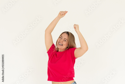 Wallpaper Mural Excited young woman reacting to win, surprise news, screaming and cheering, triumphing, achieve goal and celebrating, standing over white background Torontodigital.ca