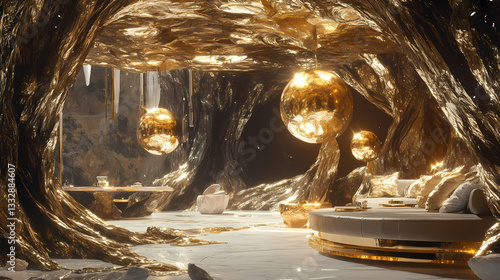 A surreal space with ornate gold and silver accents, glowing orbs that hover in the air, and furniture blending natural forms like tree roots with sleek modern design, Psychedelic Roots. Illustration