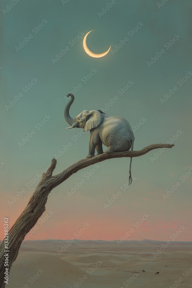 Obraz premium Elephant balancing on a branch in a twilight desert with crescent moon