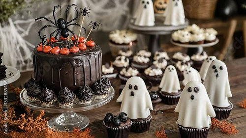 Spooky Halloween Treats: A Dark Chocolate Cake and Ghostly Cupcakes