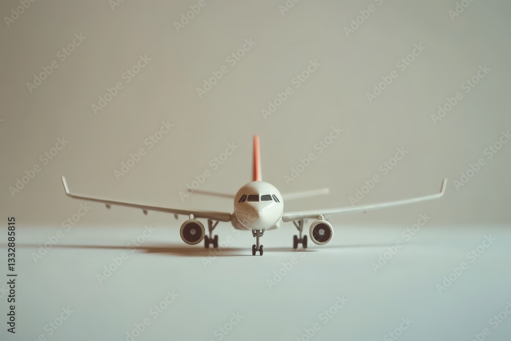 A miniature airplane displayed on a neutral colored solid surface A miniature airplane displayed on a neutral colored solid surface