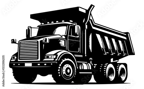 Black and white silhouette of a dump truck on a white isolated background. Vector graphics. EPS.