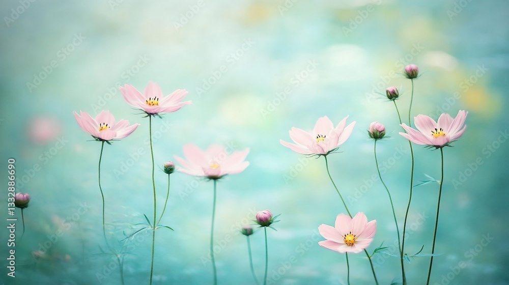 Delicate pink cosmos flowers in soft teal background Delicate pink cosmos flowers in soft teal background