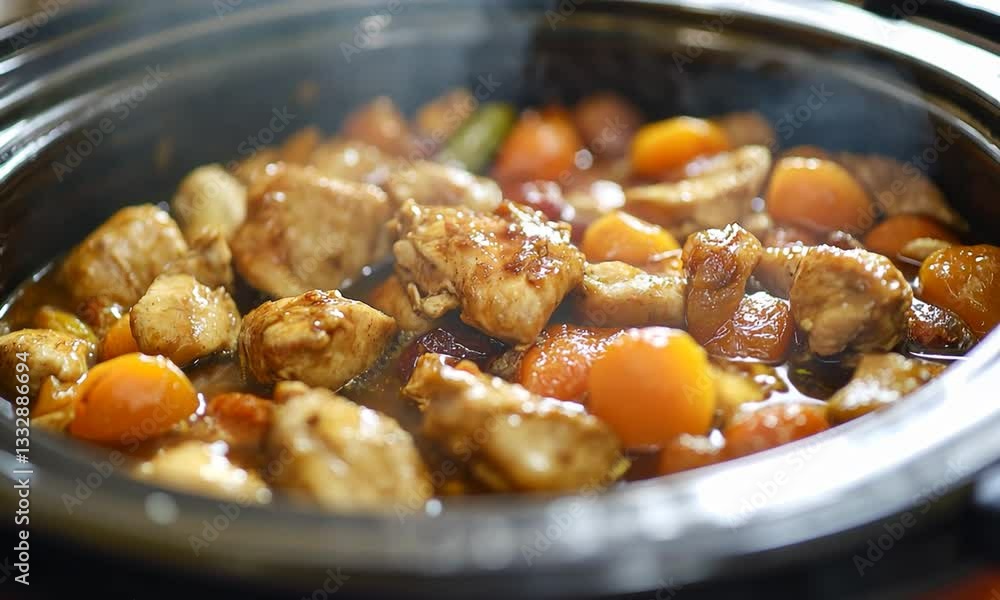 A slow-cooked chicken dish with vibrant vegetables simmering in a black crockpot, emitting steam A slow-cooked chicken dish with vibrant vegetables simmering in a black crockpot, emitting steam