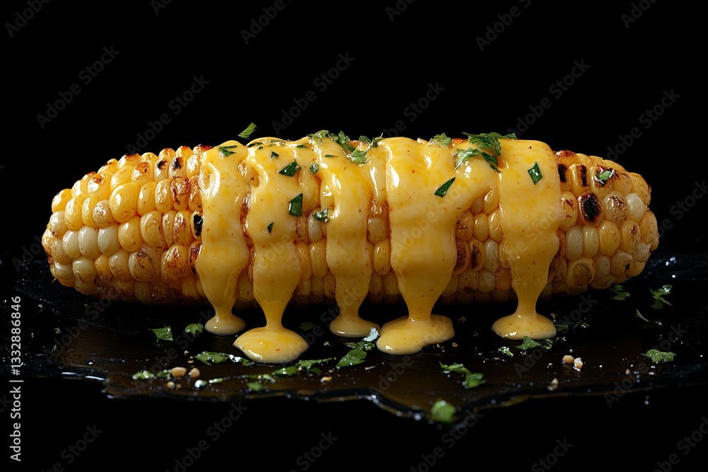 Grilled corn on the cob topped with creamy sauce and fresh herbs