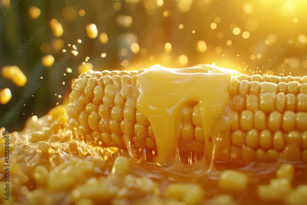 Golden corn drizzled with melted butter in the warm sunlight at a summer barbecue