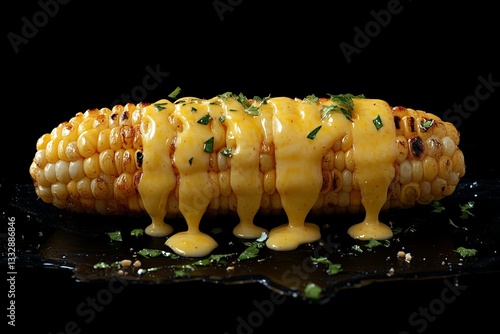 Obraz na płótnie Grilled corn on the cob topped with creamy sauce and fresh herbs w salonie