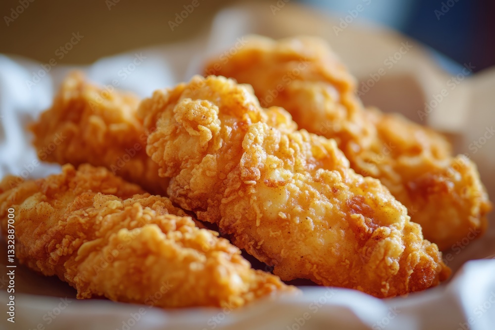 Crispy golden fried chicken tenders served in a basket at a casual dining restaurant
