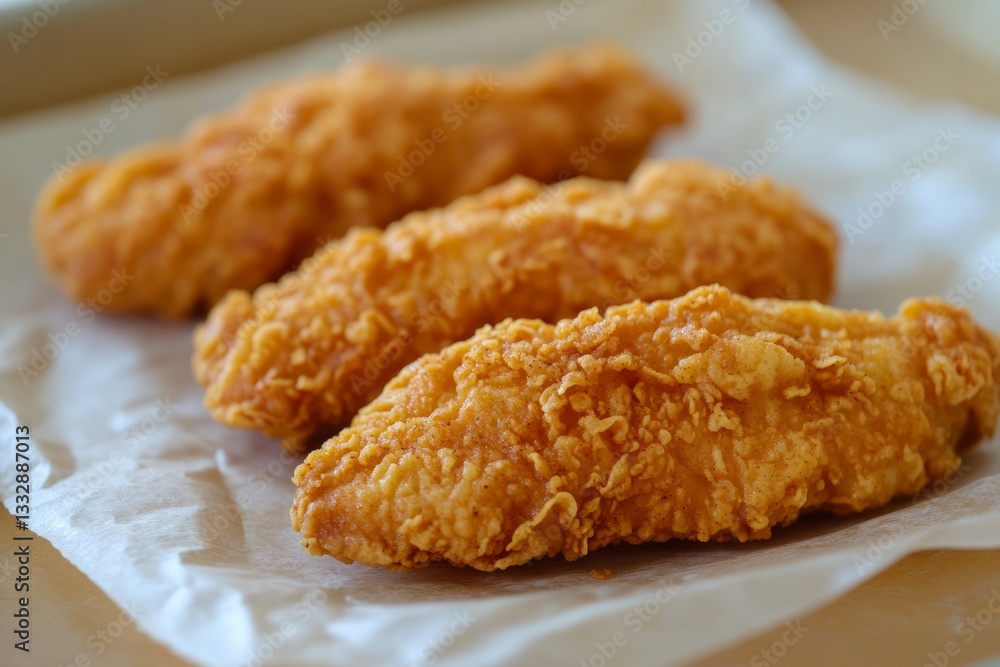 Crispy fried chicken tenders arranged on parchment paper in natural lighting