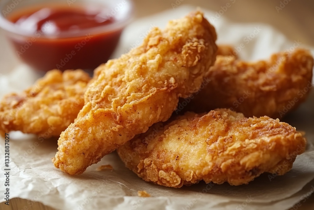 Deliciously crispy fried chicken served with tangy dipping sauce on a rustic backdrop