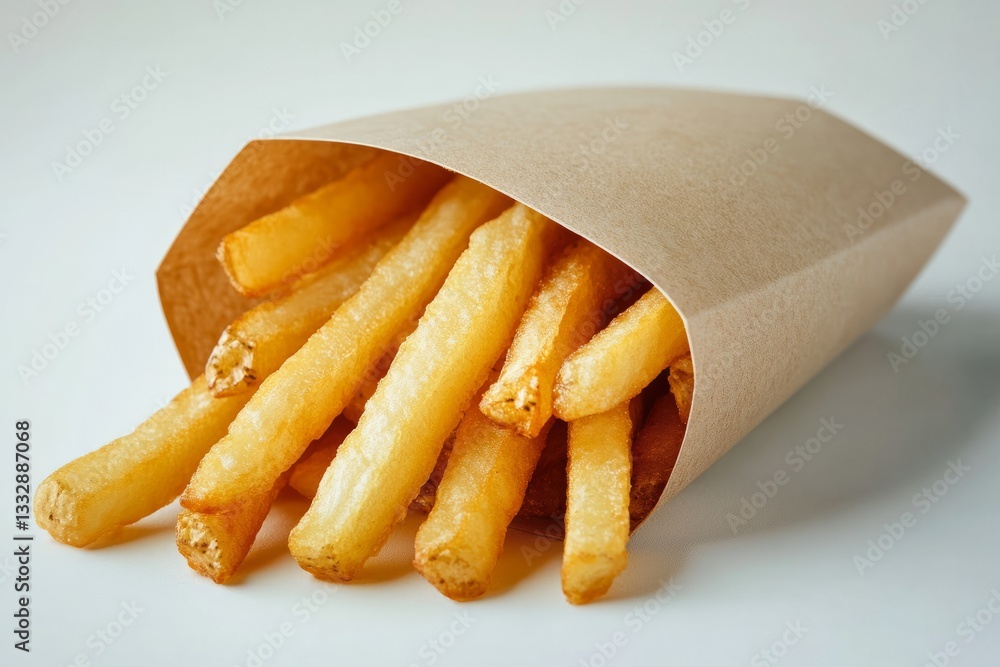 Crispy golden French fries served in a brown paper cone at a casual dining location
