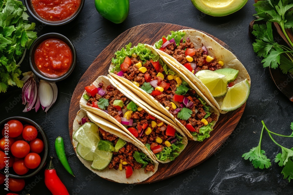Delicious taco platter with fresh ingredients and vibrant toppings served on a wooden board