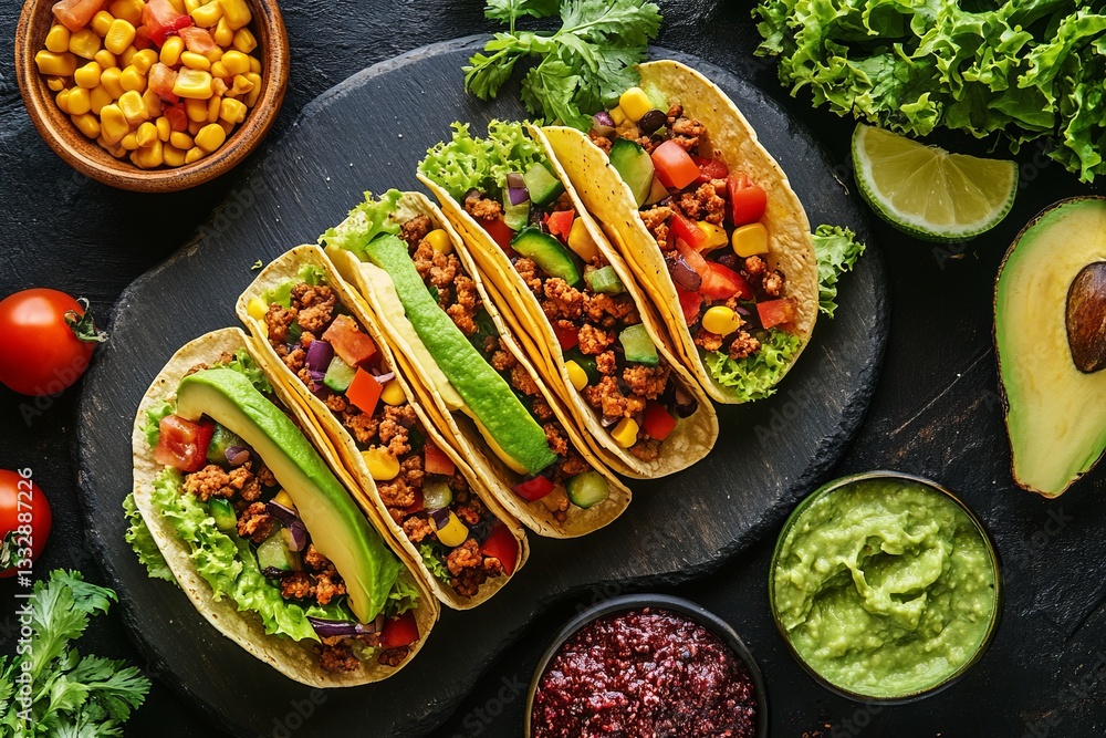 Delicious tacos filled with seasoned meat and fresh vegetables served with sides at a vibrant dining table