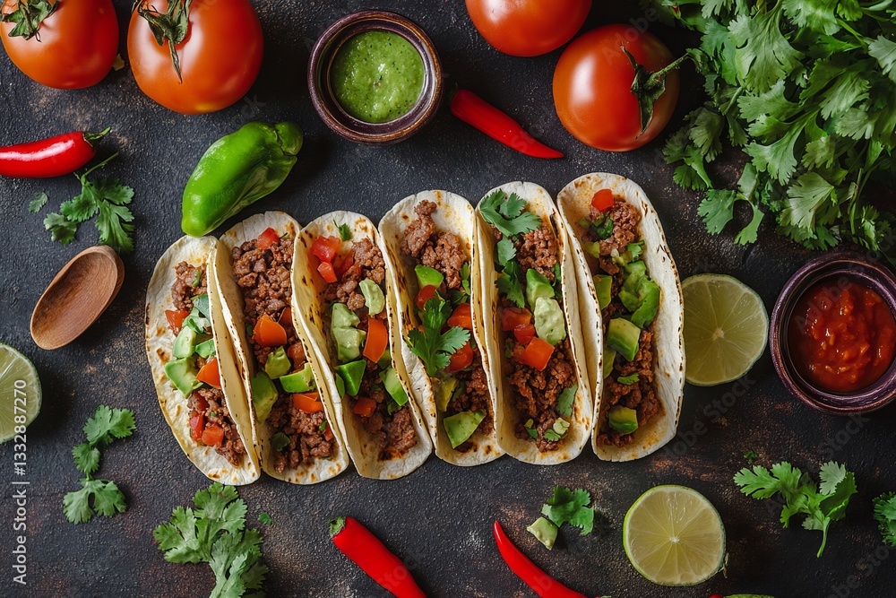 Tacos with ground meat, fresh vegetables, and sauces arranged on a rustic table surrounded by ingredients