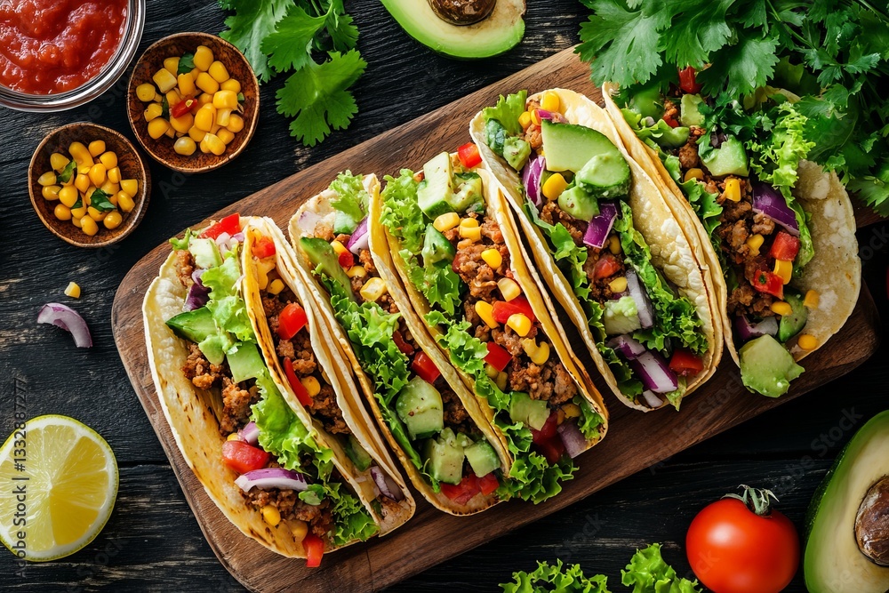 Flavorful vegetable and meat tacos served on a wooden board with fresh ingredients and vibrant toppings