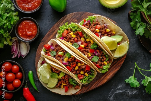 Obraz na płótnie Delicious taco platter with fresh ingredients and vibrant toppings served on a wooden board w salonie