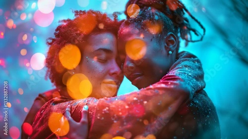 Two women embrace each other in a colorful, blurry background. Scene is warm and affectionate
