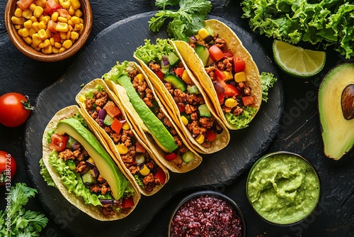Delicious tacos filled with seasoned meat and fresh vegetables served with sides at a vibrant dining table