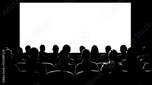 A movie theater with a large screen and a crowd of people sitting in the seats. The audience is watching a movie on the big screen