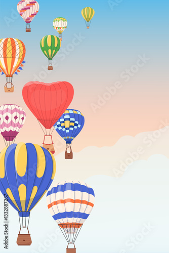 Hot air balloon festival invitation with colorful balloons soaring in sky Vector templates of various aerial travel tourist transport with basket Holiday festive design for print, event flyers, banner