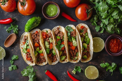 Obraz na płótnie Tacos with ground meat, fresh vegetables, and sauces arranged on a rustic table surrounded by ingredients w salonie