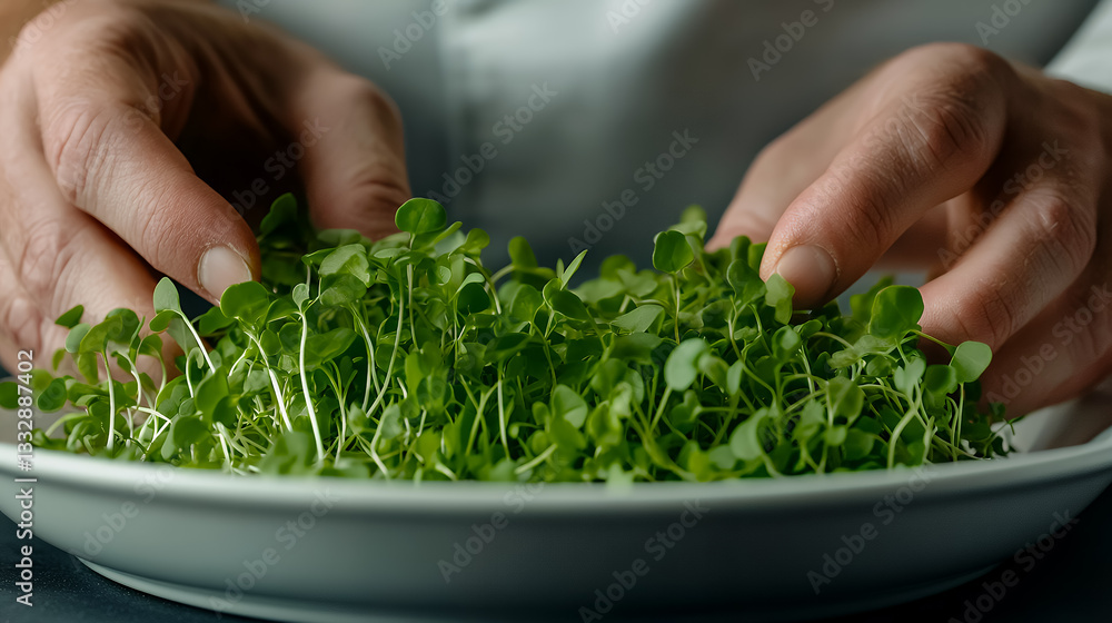 Chef handling fresh, vibrant microgreens on a white plate, empha Chef handling fresh, vibrant microgreens on a white plate, empha