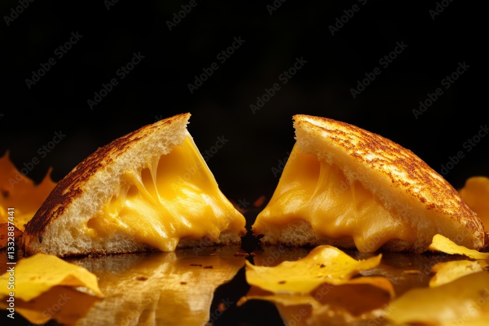 Melted cheese sandwich halves showcase gooey texture on a dark background with autumn leaves