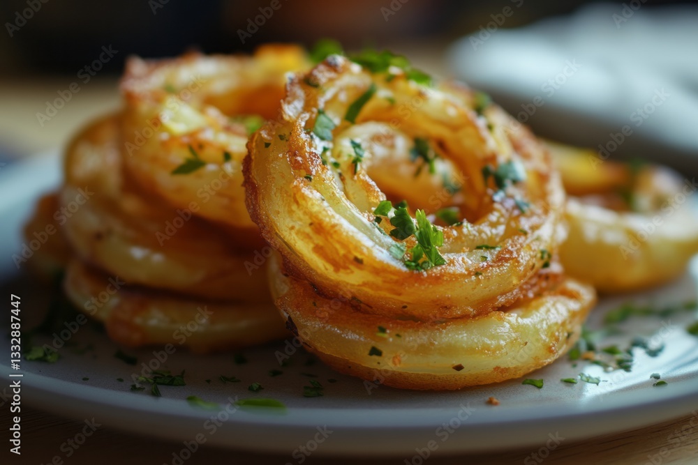 Crispy fried onion rings served on a plate with fresh herbs in a cozy dining setting
