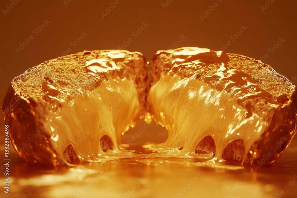 Melted cheese drizzling from a freshly baked bread roll in warm golden light