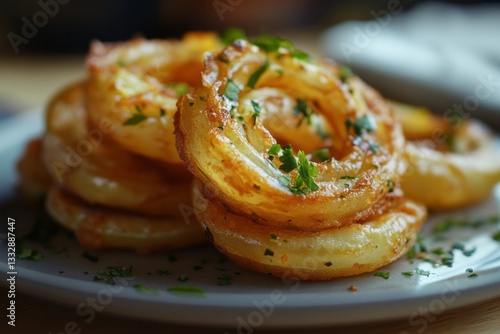 Obraz na płótnie Crispy fried onion rings served on a plate with fresh herbs in a cozy dining setting w salonie